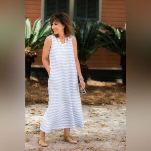 EUC J. Jill XL Love Linen Blue White Stripe Maxi Dress Pockets